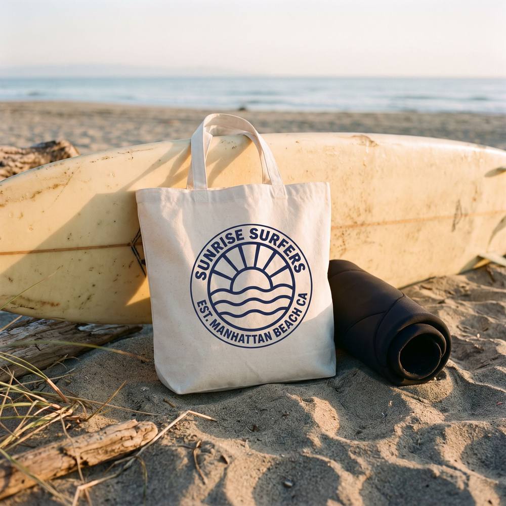 Natural canvas Sunrise Surfers tote with the navy sun badge, propped against a longboard on the sand.